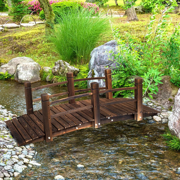 1.5M Wooden Garden Bridge Lawn Décor Stained Finish Arc Outdoor Pond Walkway w/ Railings Water Yard Decoration