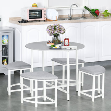 Modern Round Dining Table Set with 4 Upholstered Stools for Dining Room, Kitchen, Grey