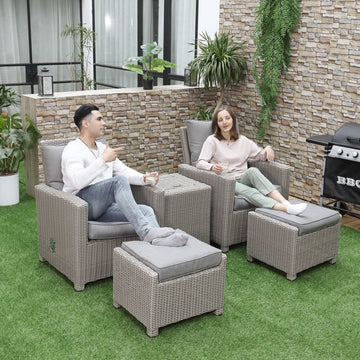 5 Pieces Outdoor PE Rattan Garden Furniture with Cushions, Patio Lounge Adjustable Backrest Chairs, Footstools and Cooler Bar Coffee Table & Cover, Grey