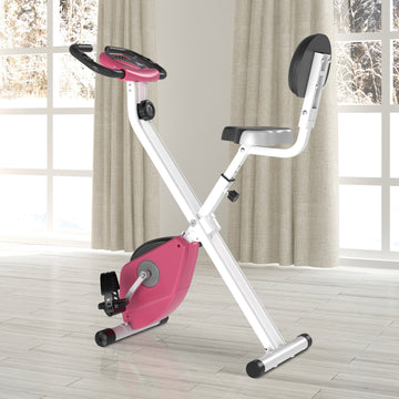 Folding Exercise Bike, Fitness Bicycle Indoor Trainer, 8-Level Magnetic Resistance Adjustable, with LCD Monitor, Pulse Sensor, Pink