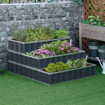 3 Tier Raised Garden Bed, Metal Elevated Planer Box Kit Flower Pot w/ A Pairs of Glove for Garden, Patio to Grow Vegetables, Herbs, Flowers, 118 x 118 x 62 cm, Grey