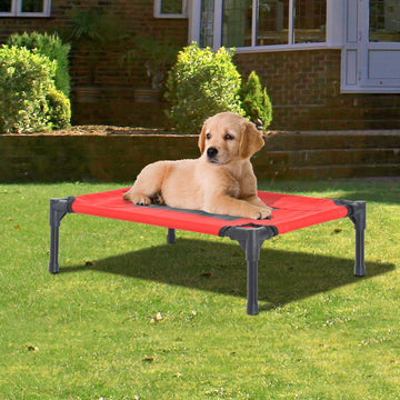 Raised Dog Bed Cat Elevated Lifted Portable Camping w/ Metal Frame Black and Red (Small)