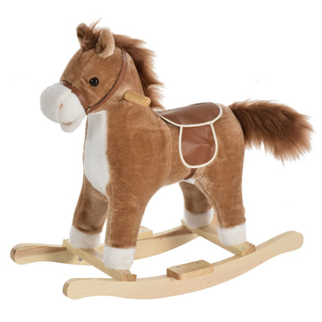 Kids Plush Rocking Horse w/ Sound Moving Mouth Wagging Tail Children Rocker Ride On Toy Gift 3-6 Years Brown