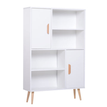 Sideboard Bookshelf Free Standing Bookcase Shelves Unit Display Storage Cabinet w/ Adjustable Shelves, Wooden Leg, Two Doors, White