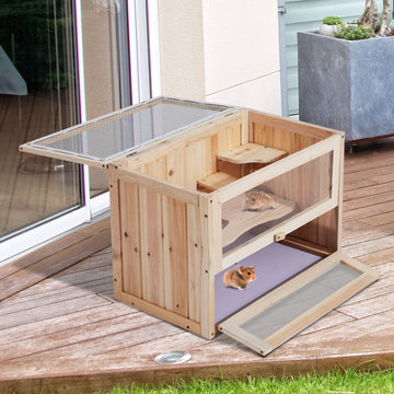 Wooden Hamster Cage Mouse Mice Rodent Small Animals Hutch Exercise Play House 60 x 35 x 42cm, Natural Wood Finish