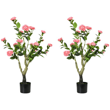 2 Pieces Decorative Artificial Plants Camellia Flower with Pot, Fake Plant for Home Indoor Outdoor Decor, 95cm, Pink