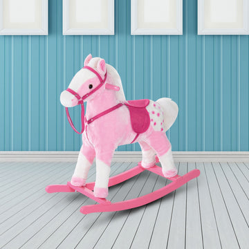 Baby Rocking Horse Plush Ride on Animals Rocker with Sound Handle Grip for Kids 3-6 Years - Pink