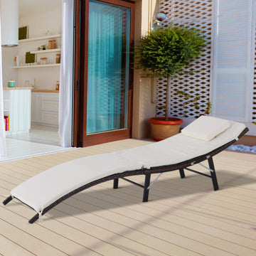 Rattan Folding Sun Lounger Outdoor Chair with Cushion and Pillow Cream White