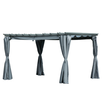 3.6 x 3(m) Outdoor Pergola with Retractable Roof and Curtains, Garden Gazebo Canopy Sun Shade Shelter with Aluminum Frame, Dark Grey