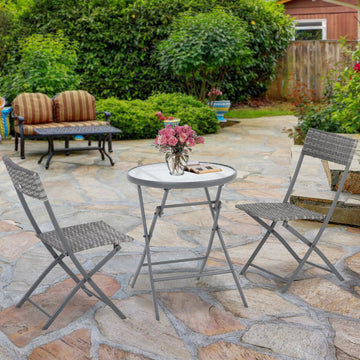3 Pieces Rattan Bistro Set, Wicker Folding Garden Furniture Set with Glass Top Coffee Table and Chairs for Outdoor, Patio, Balcony, Grey