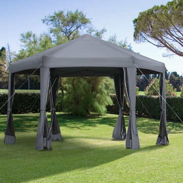 3.8m x 3.2m Pop Up Gazebo Hexagonal Canopy Tent Outdoor Sun Protection with 6 Mesh Sidewalls, Hand Bag, Grey