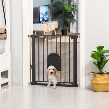 Dog Gate with Cat Flap Pet Safety Gate Barrier, Stair Pressure Fit, Auto Close, Double Locking, for Doorways, Hallways, 75-82 cm Black