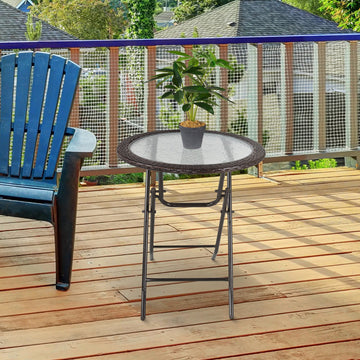 Folding Rattan Garden Dining Table, 68 cm Round Rattan Garden Table with Water Ripple Tempered Glass Top, Wicker Edging and Steel Frame for Outdoor, Patio, Brown