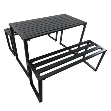 3 Pieces Picnic Bench Set with Table and 2 Benches, Slated Design Dining Trestle Beer Table and Seat, Black