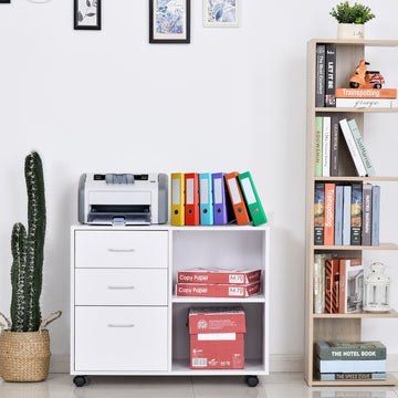 Freestanding Printer Stand Unit Office Desk Side Mobile Storage w/ Wheels 3 Drawers, 2 Open Shelves Modern Style 80L x 40W x 65H cm - White