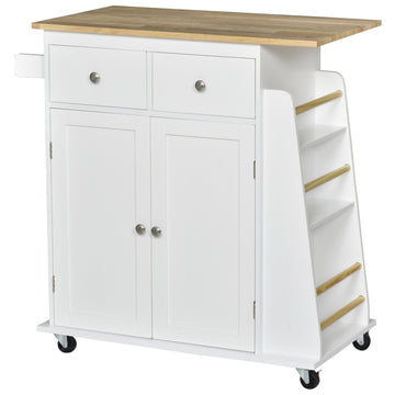 Kitchen Island on Wheels, Mobile Storage Trolley, Rolling Kitchen Cart with Rubber Wood Top, 2-Door Cabinets, 2 Drawers, Adjustable Shelf, 3-Tier Spice Rack, Drawers