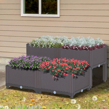 Set of 4 26L Garden Raised Bed Elevated Patio Flower Plant Planter Box PP Vegetables Planting Container, Brown
