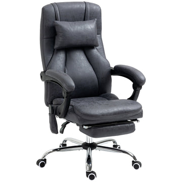 Office Chair with Lumbar Massage, 135° Reclining Computer Chair with Adjustable Headrest, Retractable Footrest, 10cm Double Padded Seat, Microfiber Fabric, Metal Base, Dark Grey