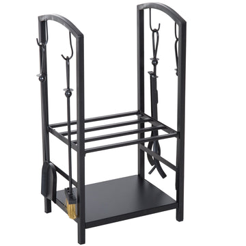 Metal Firewood Log Holder 2 Layer Firewood Rack Indoor Outdoor Fireplace Wood Storage Shelf with 4 Tools and Hooks, Black, 40L x 30W x 74.5H cm