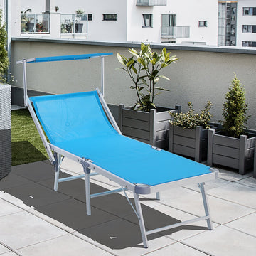 Aluminium Foldable Sun Lounger, Outdoor Adjustable Backrest Reclining Chaise Lounge Chair with Sun Roof, Blue