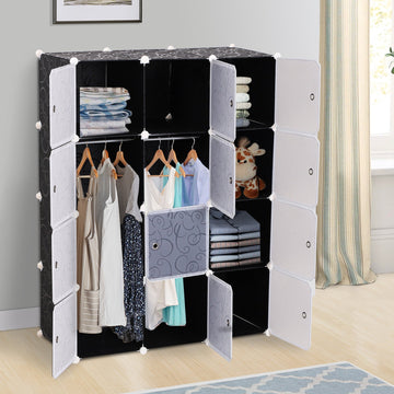 Portable Wardrobe for Bedroom, 12 Cube Closet with 2 Hanging Rails, Modular Storage Cabinet, Plastic Armoire for Space Saving, White and Black