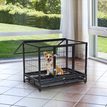 36" Heavy Duty Metal Dog Crate Pet Cage with Tray Wheeled Dog Kennel - Black (Medium)