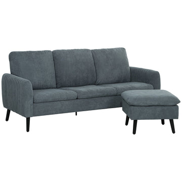 Fabric Sofa with Ottoman, Corduroy L-shaped Sofa Couch with Scatter Back, Reversible 3-Seater Chaise Lounge for Living Room, Home Office, Small Spaces, Charcoal Grey