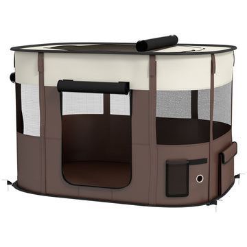 Foldable Dog Pen with Storage Bag for Indoor/Outdoor Use, Portable Pet playpen, with Ground Stakes - Brown