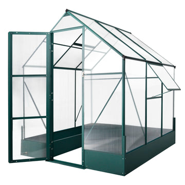 6x6 FT Polycarbonate Greenhouse with Base and Raised Bed, Walk-in Greenhouse with Aluminium Frame, Temperature Controlled Window, Foundation for Plants, Flowers, Vegetable