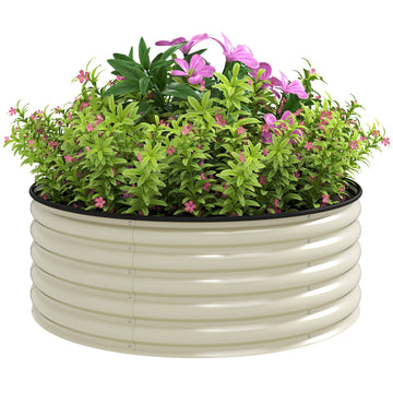 Galvanised Raised Garden Bed with Safety Edging, Outdoor Raised Planter Box with Gloves, 120 x 120 x 43cm, Cream White