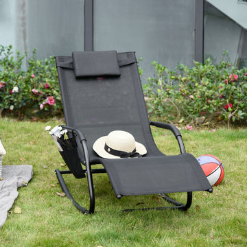 Outdoor Garden Rocking Chair, Patio Sun Lounger Rocker Chair with Breathable Mesh Fabric, Removable Headrest Pillow, Armrest, Side Storage Bag, Cream White