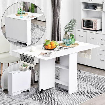Folding Dining Table, Drop Leaf Table with 2-Tier Shelves, Rolling Casters, for Small Spaces, Kitchen, White
