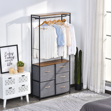 Chest of Drawers with Coat rack Steel Frame 5 Drawers Bedroom Hallway Home Furniture Black Brown