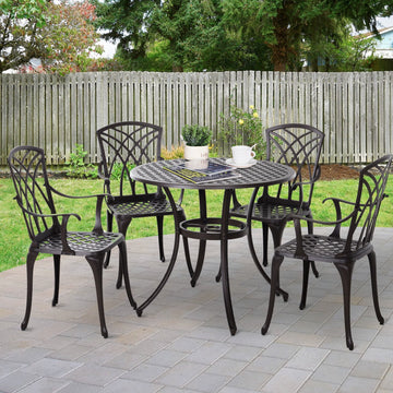 5 Pieces Garden Dining Set for 4, Cast Aluminium Outdoor Dining Set with 4 Armchairs and Round Dining Table with Parasol Hole, Garden Furniture Set, Brown
