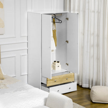 2-Door Wardrobe with 2 Drawers, Hanging Rod and Anti-tipping Straps for Bedroom Clothes Storage Organisation, White