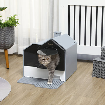 Hooded Cat Litter Tray with Scoop, Cat Litter Box with Drawer Pan, Handle, Deodorants, Hut Design, Front Entrance, 47 x 45 x 42cm - Grey