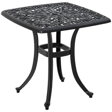 Cast Aluminium Bistro Table, Outdoor Square Side Table with Umbrella Hole, Garden Table for Balcony, Black