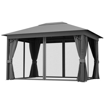 4 x 3(m) Patio Gazebo Canopy, with Vented Roof, Netting, Curtains, Aluminium Frame, Grey