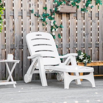 Outdoor Folding Sun Lounger Recliner on Wheels w/ 5-Position Backrest, White