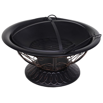 Metal Large Firepit Bowl Outdoor Round Fire Pit Brazier w/ Lid, Log Grate, Poker, Elegant Scrolls for Backyard, Camping, Bonfire, Wood Burning Stove, 76 x 76 x 50cm, Black