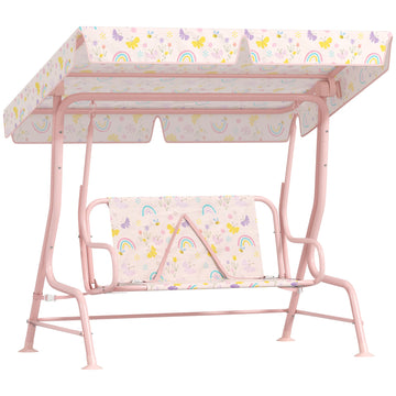 Kids Garden Swing Chair with Adjustable Canopy, Safety Belt, 2 Seater Hammock Swing Bench for Patio, Porch, Pink