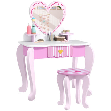 Kids Dressing Table Set, Vanity Table with Stool, Mirror, Drawer, Desktop Storage, Heart Theme, Pink