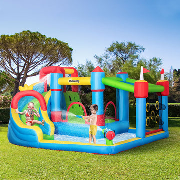Kids Inflatable Bouncy Castle Water Slide 6 in 1 Bounce House Jumping Castle Water Gun Climbing Wall with Air Blower for Age 3-8, 3.9 x 3 x 2m