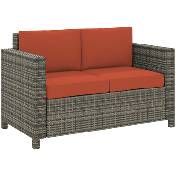 Rattan Sofa, 2 Seater Garden Furniture with Soft Padded Cushion and Armrests, Wicker Garden Loveseat for Patio, Grey