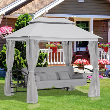 3 Seater Convertible Swing Chair, Outdoor Gazebo Swing Seat Bed with Double Tier Canopy, Cushioned Seat, Mesh Sidewalls, Light Grey