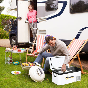 12V Car Refrigerator w/ LED Light & Foldable Handles, 18L Portable Compressor Cooler, Fridge Freezer with 12/24V DC and 110-240V AC for Campervan RV Boat Travel