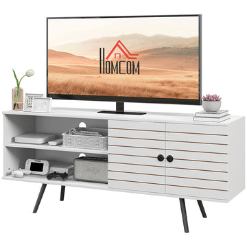 TV Stand with Cupboard, Open Shelves, Striped Doors, Wooden legs, White