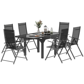 7 Piece Outdoor Dining Set with Extendable Table and 6 Folding Chairs for Patio, Balcony, Deck, Grey