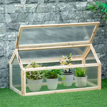 Wooden Cold Frame Garden Polycarbonate Greenhouse with Openable Top Cover, Grow House for Flowers, Vegetables, Plants, 90 x 52 x 50cm, Natural