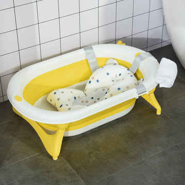 Foldable Baby Bathtub Set, Collapsible Bath Tub with Thermostatic Water Plug, Non-Slip Support, Cushion Pad, Drain Plugs, for Newborn to 3 Years - Yellow